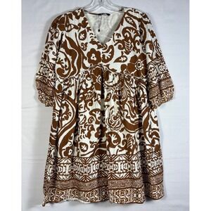 Zudio Women's Dress‎  brown/cream 3/4 Sleeve Pattern lined size small NWOT